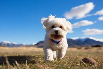 Headshot portrait photography of a curious bichon frise holding a frisbee in its mouth against tundra landscapes background. With generative AI technology