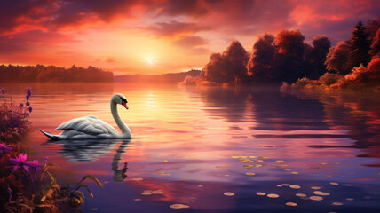 White swan swimming on lake. Warm summer sunset. Beautiful landscape by the lakeshore. Vibrant colors.