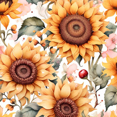 Watercolor sunflower pattern, generative ai