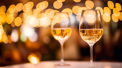 Two glasses of white wine to celebrate New Year, Merry Christmas or Anniversary with a bokeh effect background. Generative AI