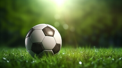 Fototapeta premium Soccer ball on green grass close up in the sunlight with copy space