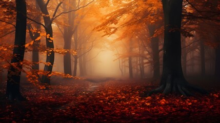 autumn forest in the fog and misty weather leaves fallen