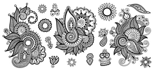 Collection of black linear images in Indian-style henna tattoos, vector illustrations. - 680277978