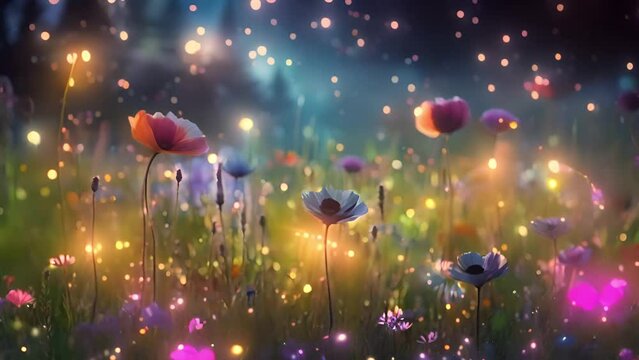 Magical flower field by night with bokeh sparkling lights moving in the wind. Fantasy and blooming flowers. Camera moving through alpine meadow with colorful flowers Nature concept flowers bloom 
