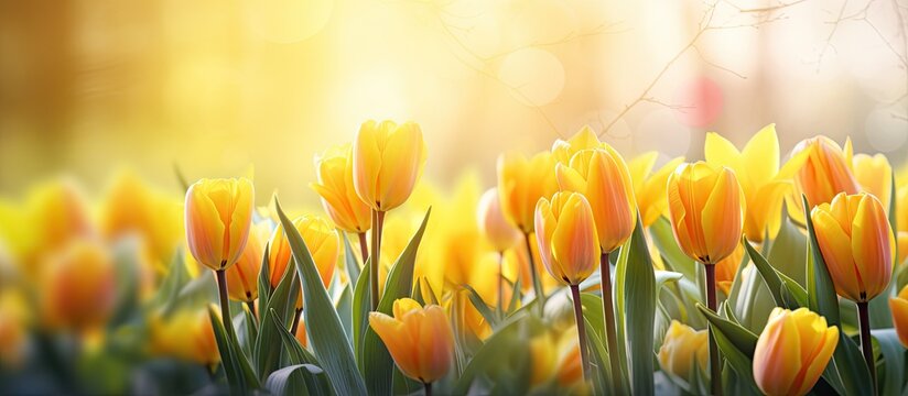 background of the picturesque spring landscape, the colorful tulips bloom, showcasing the bright and beautiful beauty of nature with their yellow blossoms in a close-up, adding a touch of vibrant