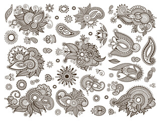 Collection of black linear images in Indian-style henna tattoos, vector illustrations.