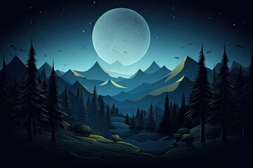  a night scene with a full moon in the sky and a mountain range in the foreground with pine trees in the foreground.