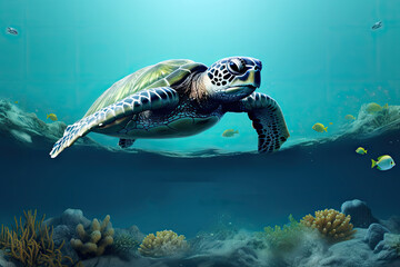 Naklejka na ściany i meble a picture of a sea turtle swimming in the ocean with corals and other marine life in the foreground.