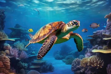  a painting of a sea turtle swimming in the ocean with corals and other marine life in the foreground.