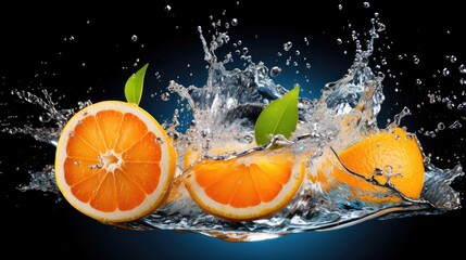  a group of oranges with water splashing around them on a black background with a green leaf on top of the orange.
