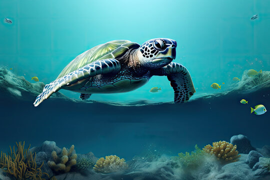  a picture of a sea turtle swimming in the ocean with corals and other marine life in the foreground.