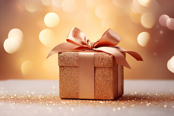 golden glitter wrapped christmas gift box with a bokeh background, christmas background