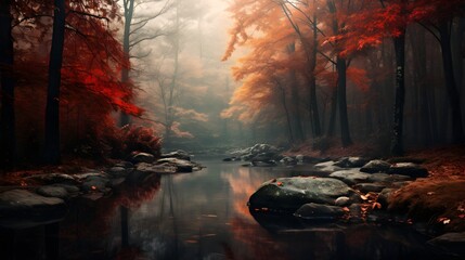 autumn in the forest river inside - obrazy, fototapety, plakaty