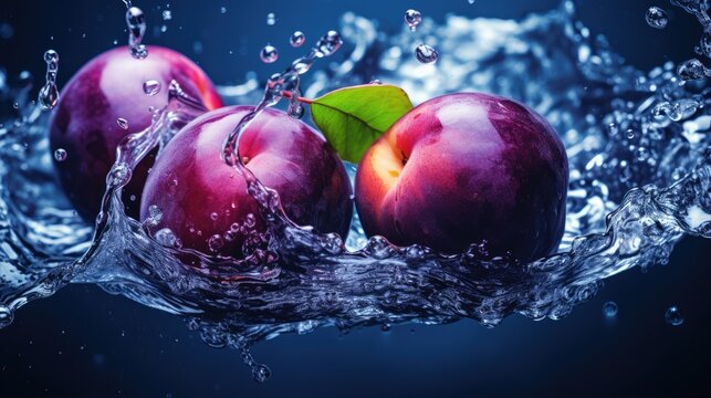  three plums splashing into the water with a green leaf on the tip of one of the plums.