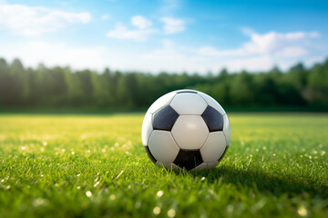 Close-up view of a  soccer ball on a vibrant green field, ready for an exciting game of football