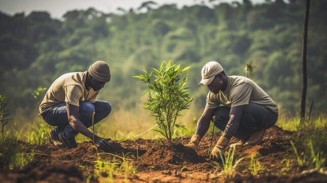 copy space, stockphoto, african people working on a reforestation project. Susainable project, reforestation theme. Volunteers working on a reforastation project. Envrionmental responsible. Preservati