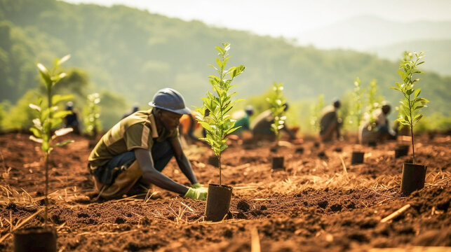 copy space, stockphoto, african people working on a reforestation project. Susainable project, reforestation theme. Volunteers working on a reforastation project. Envrionmental responsible. Preservati