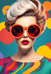 Portrait of a woman in orange sunglasses wearing a colorful top with colorful background. 