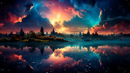 Fantasy landscape with a lake and a sky full of stars