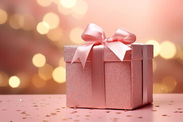 pink glitter wrapped christmas gift box with a ribbon and a bokeh background, christmas background
