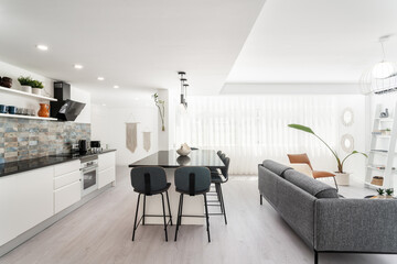 Beautiful studio with kitchen in luxury home with marble table chairs and sofa. Modern decoration.