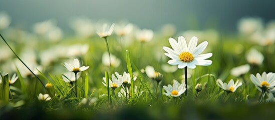 garden, amidst the green grass and white petals, a beautiful flower with yellow petals stands out, complementing the overall design of the parks plant landscape.