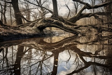  a tree leaning over a body of water in a wooded area with a reflection of the sky in the water.