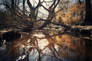  the reflection of a tree in the water of a stream in a wooded area with a fallen tree in the foreground.