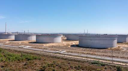 Portugal Sines oil terminal storage tanks, aerial view, oil and gas storage tanks, oil refinery chemical products.