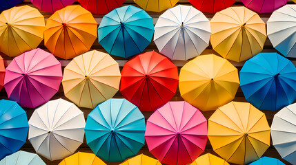 Colorful umbrellas on the beach top down view 