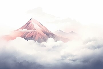  a painting of a mountain in the clouds with a pinkish peak in the middle of the sky above the clouds. - obrazy, fototapety, plakaty