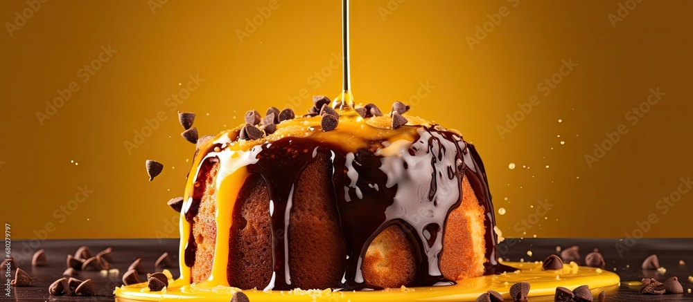 Canvas Prints background of the cozy kitchen, a gourmet dish took shape as a healthy yellow breakfast cake, sprinkled with chocolate and drizzled with honey, making it a nutritious dessert or a sweet snack option