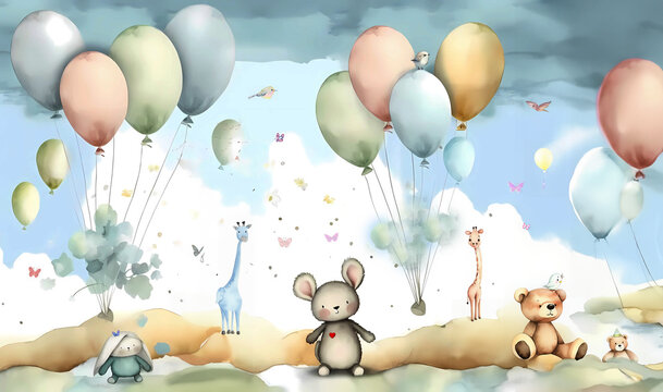 Fototapeta Baby nursery pastel watercolor wall mural wallpaper background