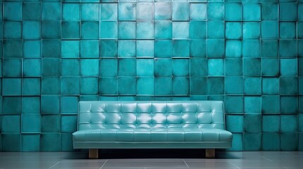  a blue couch sitting in front of a green wall with a square pattern on the back of it and a square pattern on the side of the wall.