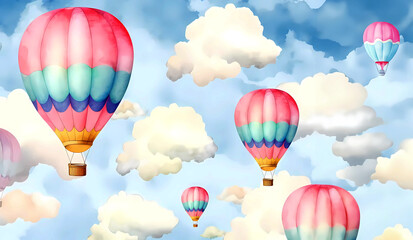 Fototapeta premium Hot air balloons pastel watercolor nursery, kids room wall mural wallpaper background 