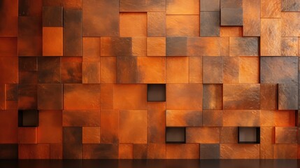  a close up of a wall made up of squares and rectangles of different sizes and colors of orange and brown.