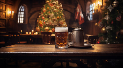 Festive ale in a traditional pub with Christmas decorations. Generative AI