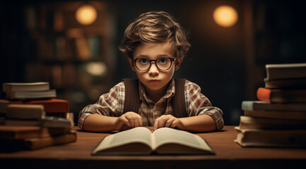 A Little Boy in Glasses Sitting at a Desk, Immersed in the Fascinating World of Books. Fostering a Love for Learning and Intellectual Discovery in a Cozy Educational Setting