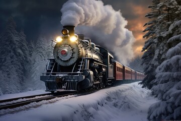  a train is coming down the tracks in a snowy landscape with trees and snow on the side of the tracks. - obrazy, fototapety, plakaty