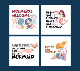 Set of pre-made compositions with cute mermaids under the sea among the seaweed, corals and sea creatures, saying about the mermaids, vector hand drawn illustrations for posters, cards, textile prints