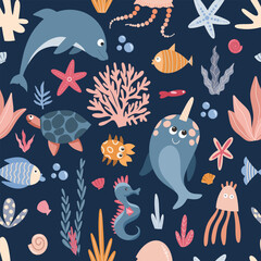 Seamless pattern of cute sea creatures, seaweed and corals, vector illustration in flat style, cartoon textile ornament
