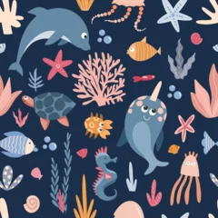 Afwasbaar Fotobehang In de zee Seamless pattern of cute sea creatures, seaweed and corals, vector illustration in flat style, cartoon textile ornament