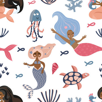 Seamless pattern of cute mermaids, sea creatures, seaweed and corals, vector illustration in flat style, cartoon textile ornament