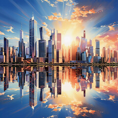 Dazzling city skyline adorned with reflective skyscrapers and bustling business office buildings.