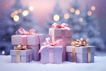 pastel colored wrapped christmas gift box with soft colored ribbons in background snow covered trees
