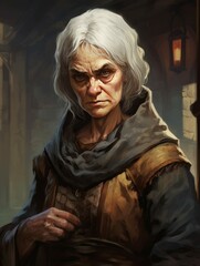 Frowning White-Haired Woman, Wizened Medieval Fantasy Elderly Female Fighter or Trainer Character Illustration - obrazy, fototapety, plakaty
