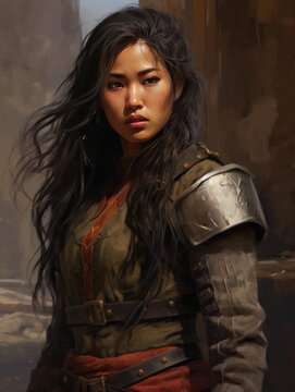 Woman Adventurer with Long Dark Hair, Medieval Fantasy Female Character Illustration