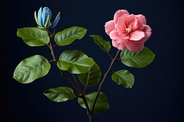  a pink flower and a blue flower are on a stem with green leaves on a dark background with a black background.