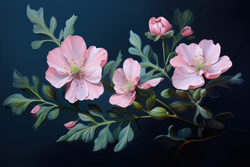 a painting of pink flowers with green leaves on a dark blue background with a blue sky in the back ground.