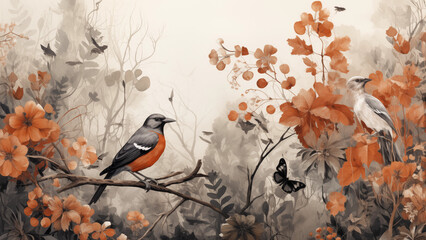 Autumn Flora and Fauna Background in Neutral Grays and Orange 16:9 Aspect Ratio)